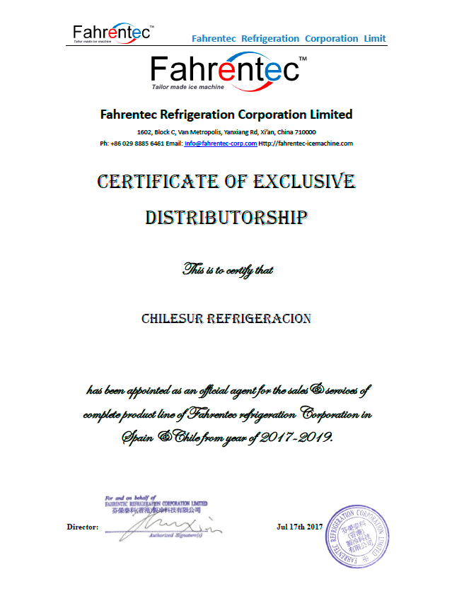 Certicado de Distribuidor exclusivo de Fahrentec